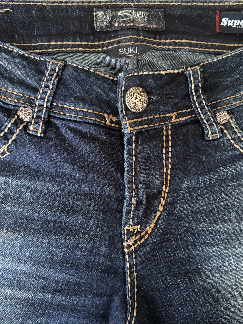 Silver Jeans Blue Denim with Tan Patch and Silver Rivet